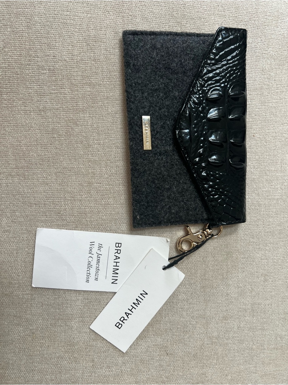 Brahmin Black Wool & Croc-Embossed Leather Envelope Pouch - Picture 6 of 6